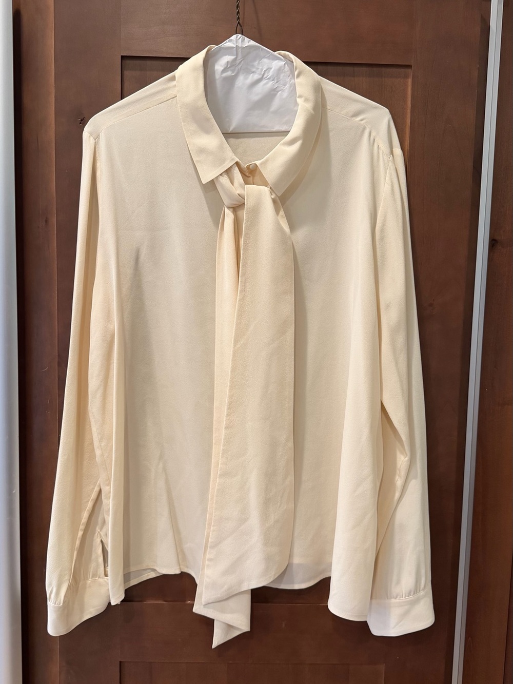 Sezane Cream Tie-Neck Button-Down Blouse